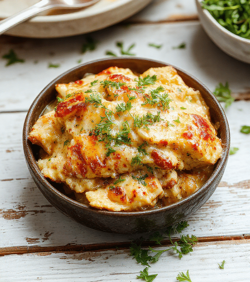 A creamy chicken casserole in a rustic baking dish with melted cheese, garnished with chopped herbs. The dish features tender chicken pieces in a smooth, cheesy sauce, topped with a sprinkle of herbs. The background shows a cozy kitchen setting with natural light highlighting the creamy textures and vibrant colors of the meal.