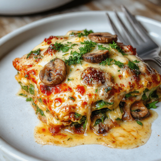 A vibrant and hearty mushroom and spinach lasagna served in a white ceramic dish. The golden-brown, bubbly cheese crust contrasts with the dark, tender mushrooms and bright green spinach, styled on a rustic wooden table with natural daylight highlighting the textures and colors.