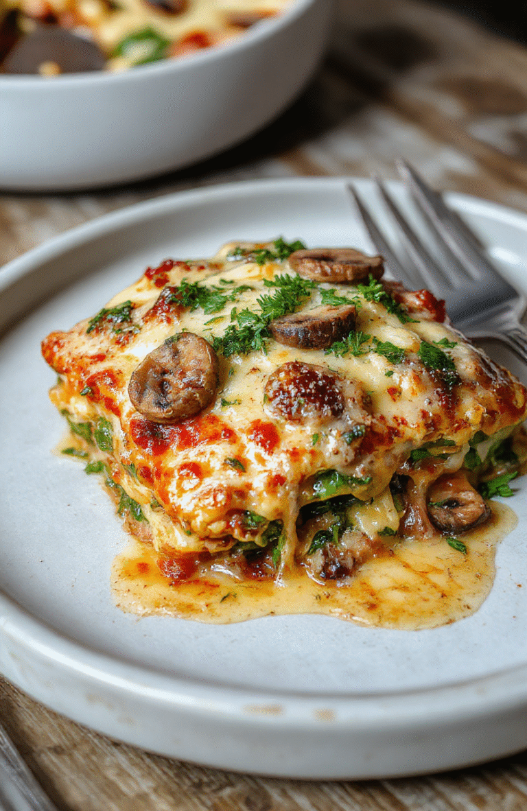 A vibrant and hearty mushroom and spinach lasagna served in a white ceramic dish. The golden-brown, bubbly cheese crust contrasts with the dark, tender mushrooms and bright green spinach, styled on a rustic wooden table with natural daylight highlighting the textures and colors.