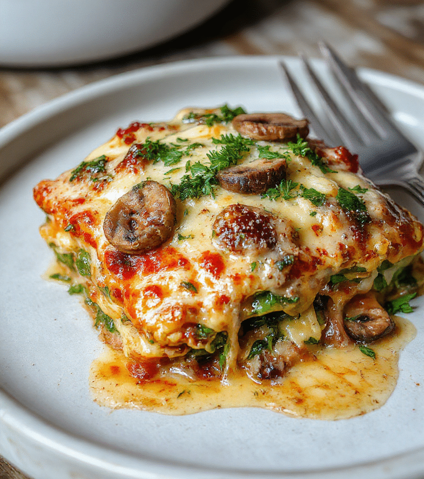 A vibrant and hearty mushroom and spinach lasagna served in a white ceramic dish. The golden-brown, bubbly cheese crust contrasts with the dark, tender mushrooms and bright green spinach, styled on a rustic wooden table with natural daylight highlighting the textures and colors.