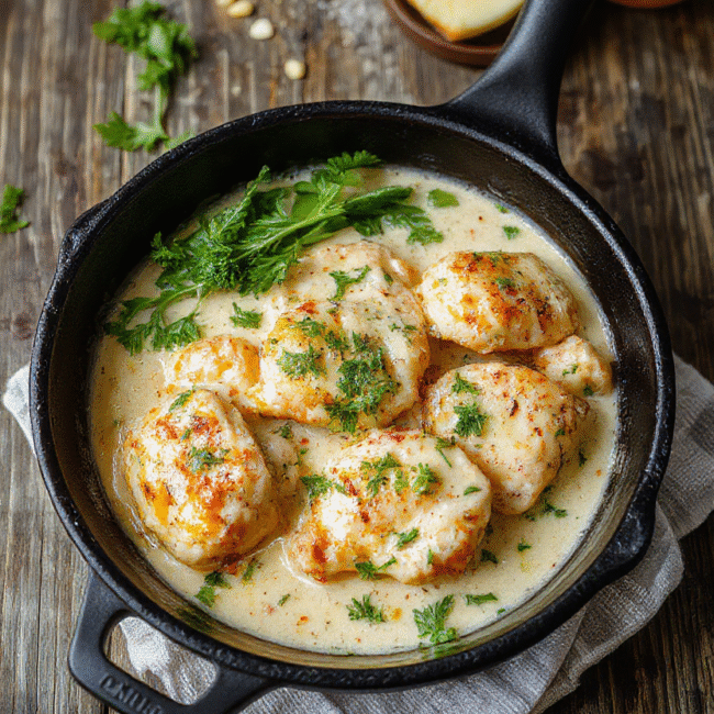 Colorful creamy pepperoncini chicken served in a rustic skillet with slices of pepperoncini peppers, garnished with fresh herbs, showcasing tender chicken pieces coated in a smooth, flavorful sauce. The dish has a vibrant yellow-orange hue with the bright green peppers adding contrast, styled on a simple wooden surface with a slight sheen highlighting the creamy texture.