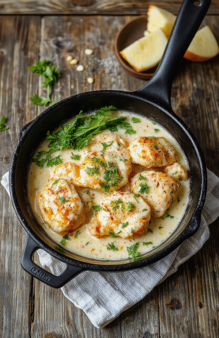 Colorful creamy pepperoncini chicken served in a rustic skillet with slices of pepperoncini peppers, garnished with fresh herbs, showcasing tender chicken pieces coated in a smooth, flavorful sauce. The dish has a vibrant yellow-orange hue with the bright green peppers adding contrast, styled on a simple wooden surface with a slight sheen highlighting the creamy texture.