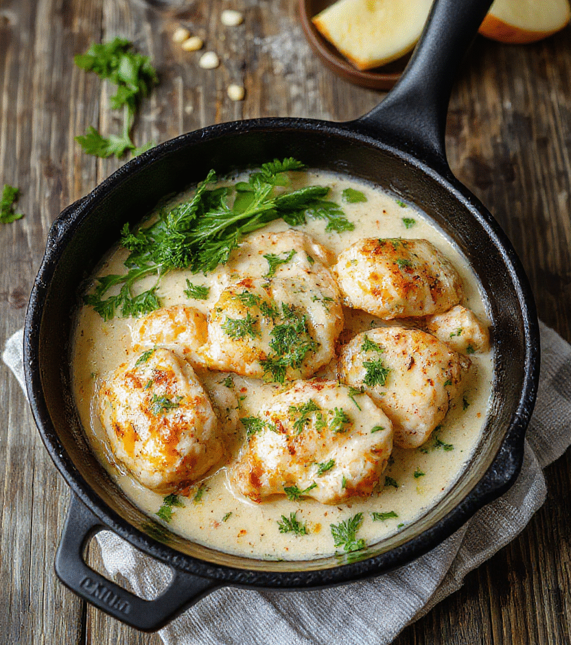 Colorful creamy pepperoncini chicken served in a rustic skillet with slices of pepperoncini peppers, garnished with fresh herbs, showcasing tender chicken pieces coated in a smooth, flavorful sauce. The dish has a vibrant yellow-orange hue with the bright green peppers adding contrast, styled on a simple wooden surface with a slight sheen highlighting the creamy texture.
