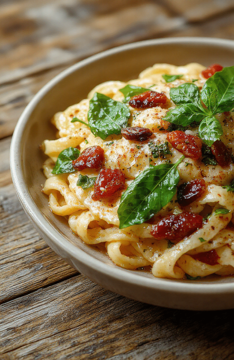 A vibrant bowl of creamy sun-dried tomato spaghetti garnished with fresh spinach leaves, sprinkled with grated cheese and basil, with a light drizzle of olive oil on a rustic wooden table, capturing rich reds and greens, showcasing a luscious, textured sauce and perfectly cooked pasta.