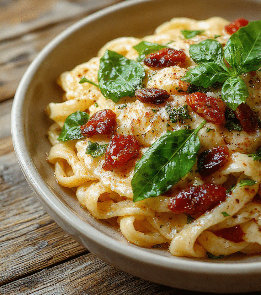A vibrant bowl of creamy sun-dried tomato spaghetti garnished with fresh spinach leaves, sprinkled with grated cheese and basil, with a light drizzle of olive oil on a rustic wooden table, capturing rich reds and greens, showcasing a luscious, textured sauce and perfectly cooked pasta.