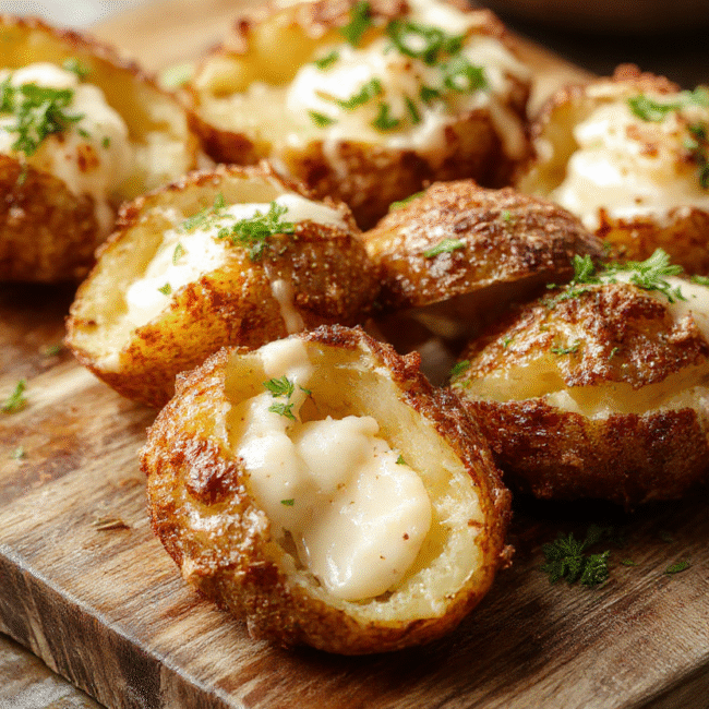 A close-up of golden-brown crispy air fryer baked potatoes with a fluffy, creamy interior visible from a cut-open potato, placed on a rustic wooden platter garnished with fresh herbs. The potatoes have a textured, crispy skin contrasting with the soft, tender inside, styled simply for an appetizing look with natural daylight highlighting their textures.