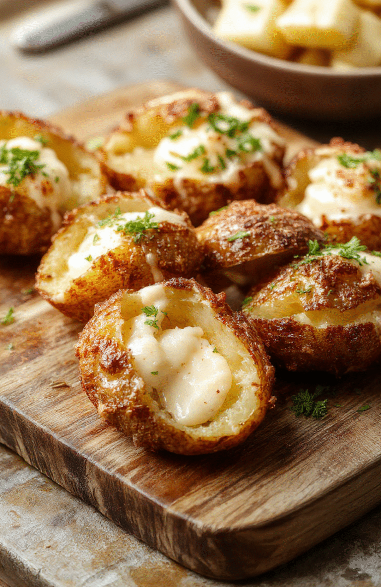 A close-up of golden-brown crispy air fryer baked potatoes with a fluffy, creamy interior visible from a cut-open potato, placed on a rustic wooden platter garnished with fresh herbs. The potatoes have a textured, crispy skin contrasting with the soft, tender inside, styled simply for an appetizing look with natural daylight highlighting their textures.