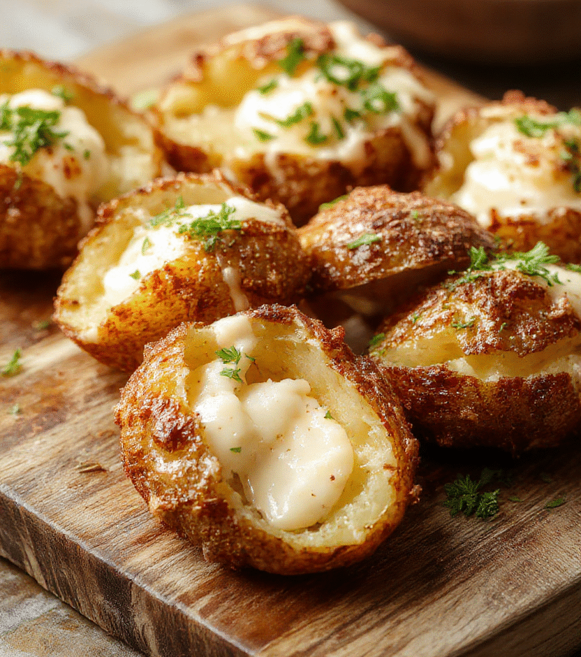 A close-up of golden-brown crispy air fryer baked potatoes with a fluffy, creamy interior visible from a cut-open potato, placed on a rustic wooden platter garnished with fresh herbs. The potatoes have a textured, crispy skin contrasting with the soft, tender inside, styled simply for an appetizing look with natural daylight highlighting their textures.