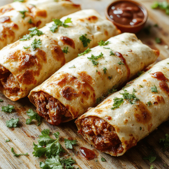 Golden brown crispy chicken taquitos arranged on a white platter, with visible melted cheese and seasoned shredded chicken inside, garnished with fresh cilantro and served with dipping sauces. The vibrant colors of the ingredients contrast beautifully against the neutral background, highlighting the textures and inviting appearance of the tacos.