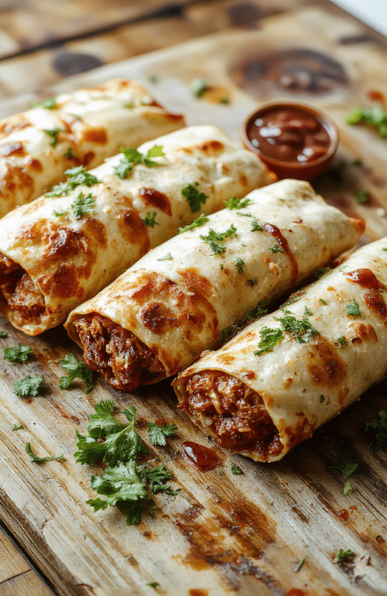 Golden brown crispy chicken taquitos arranged on a white platter, with visible melted cheese and seasoned shredded chicken inside, garnished with fresh cilantro and served with dipping sauces. The vibrant colors of the ingredients contrast beautifully against the neutral background, highlighting the textures and inviting appearance of the tacos.