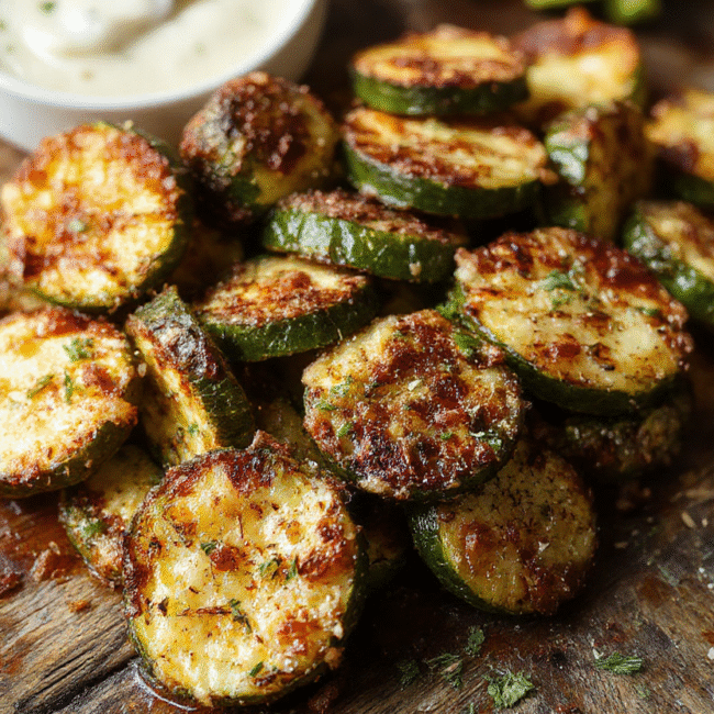 A golden crispy baked zucchini slices coated with parmesan cheese, arranged on a white plate with fresh herbs on a rustic wooden table, showcasing a crunchy texture and vibrant green zucchini interior.