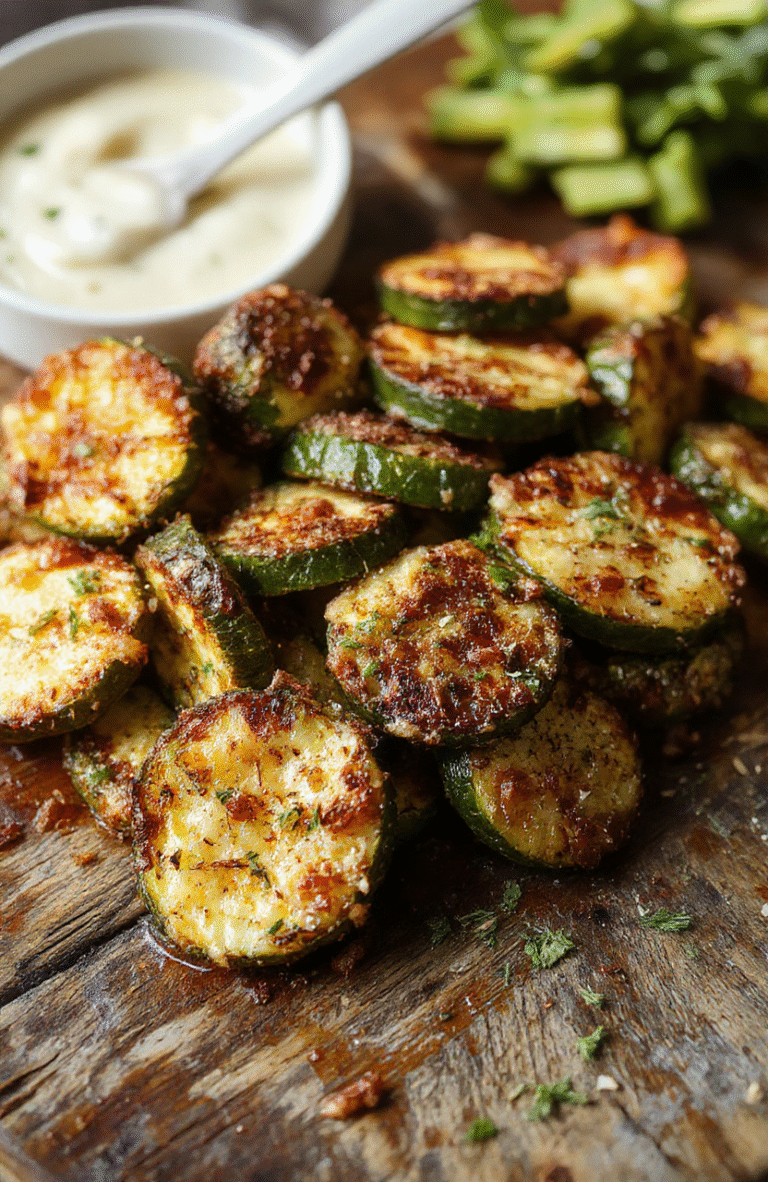 A golden crispy baked zucchini slices coated with parmesan cheese, arranged on a white plate with fresh herbs on a rustic wooden table, showcasing a crunchy texture and vibrant green zucchini interior.