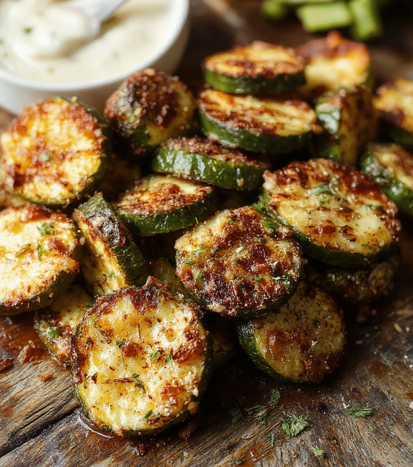 A golden crispy baked zucchini slices coated with parmesan cheese, arranged on a white plate with fresh herbs on a rustic wooden table, showcasing a crunchy texture and vibrant green zucchini interior.