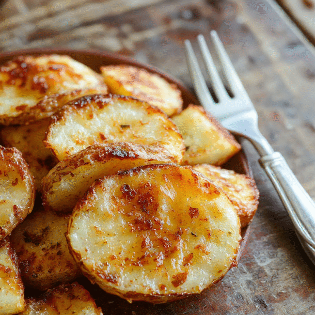 Golden-brown crispy baked potato slices arranged neatly on a white plate, seasoned with herbs and served with a fresh parsley garnish, highlighting their crunchy texture and tender interior, styled simply for a rustic look