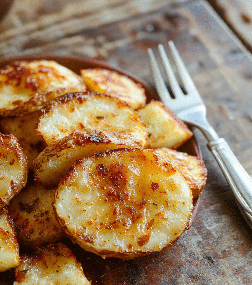 Golden-brown crispy baked potato slices arranged neatly on a white plate, seasoned with herbs and served with a fresh parsley garnish, highlighting their crunchy texture and tender interior, styled simply for a rustic look