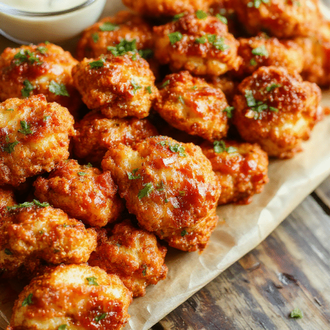 Vibrant golden-brown cauliflower florets coated in spicy buffalo sauce, arranged neatly on a white plate with fresh celery sticks and a side of creamy dipping sauce, styled casually with a rustic wooden background, emphasizing the crispy textures and vibrant colors of the dish.