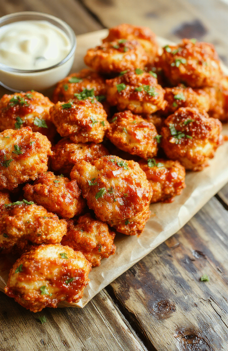 Vibrant golden-brown cauliflower florets coated in spicy buffalo sauce, arranged neatly on a white plate with fresh celery sticks and a side of creamy dipping sauce, styled casually with a rustic wooden background, emphasizing the crispy textures and vibrant colors of the dish.