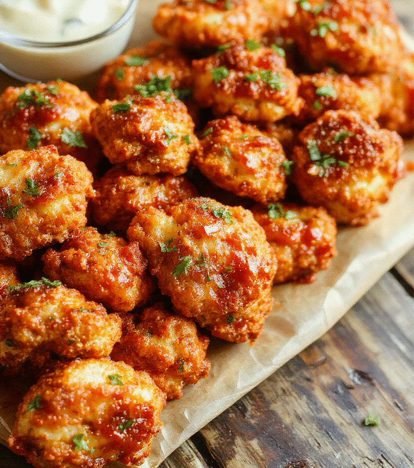 Vibrant golden-brown cauliflower florets coated in spicy buffalo sauce, arranged neatly on a white plate with fresh celery sticks and a side of creamy dipping sauce, styled casually with a rustic wooden background, emphasizing the crispy textures and vibrant colors of the dish.