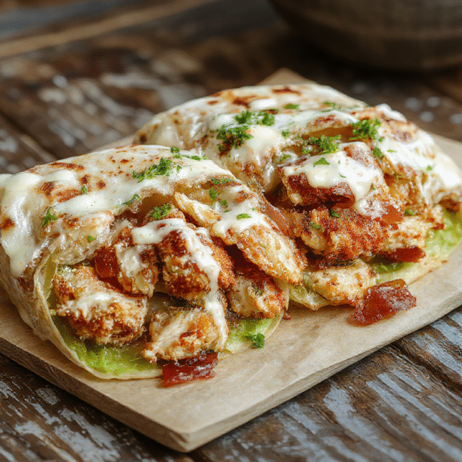 Golden crispy chicken strips nestled with crispy bacon, fresh lettuce, and melted cheese wrapped in a soft tortilla, garnished with a drizzle of ranch dressing, vibrant greens and savory meats contrast on a rustic plate.