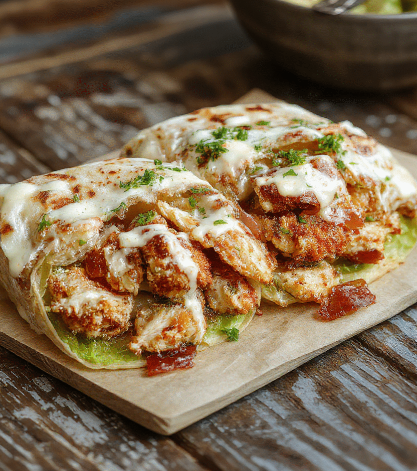 Golden crispy chicken strips nestled with crispy bacon, fresh lettuce, and melted cheese wrapped in a soft tortilla, garnished with a drizzle of ranch dressing, vibrant greens and savory meats contrast on a rustic plate.