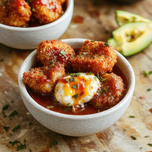 A vibrant bowl featuring golden-brown crispy breaded chicken cutlet sliced and arranged atop steamed rice, garnished with green lettuce, thinly sliced cabbage, and drizzled with rich homemade tonkatsu sauce. The dish is styled simply on a rustic wooden surface, highlighting the crispy textures and colorful fresh toppings.