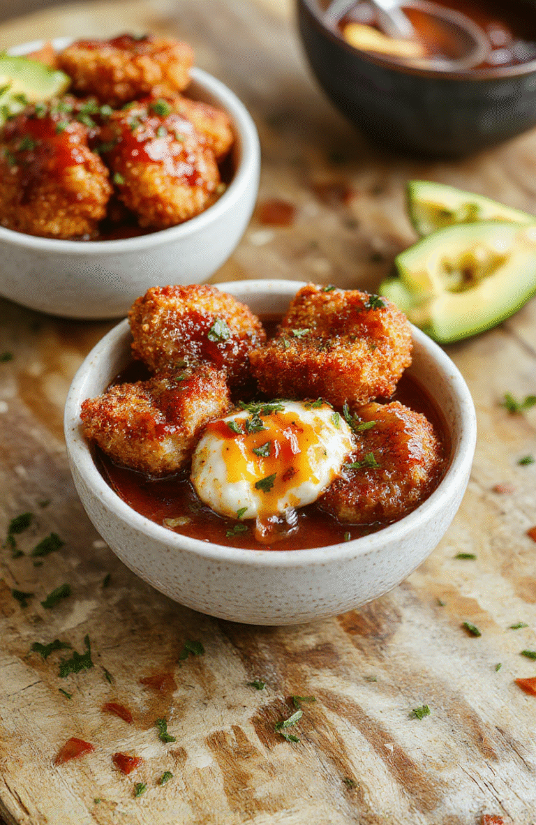 A vibrant bowl featuring golden-brown crispy breaded chicken cutlet sliced and arranged atop steamed rice, garnished with green lettuce, thinly sliced cabbage, and drizzled with rich homemade tonkatsu sauce. The dish is styled simply on a rustic wooden surface, highlighting the crispy textures and colorful fresh toppings.
