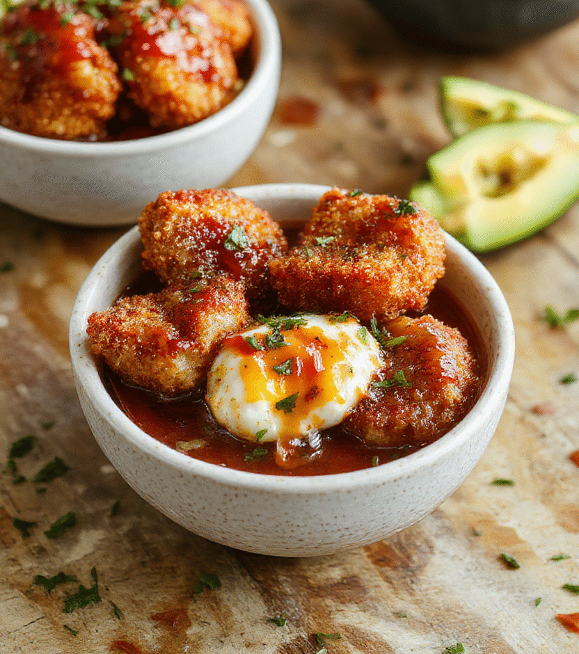 A vibrant bowl featuring golden-brown crispy breaded chicken cutlet sliced and arranged atop steamed rice, garnished with green lettuce, thinly sliced cabbage, and drizzled with rich homemade tonkatsu sauce. The dish is styled simply on a rustic wooden surface, highlighting the crispy textures and colorful fresh toppings.