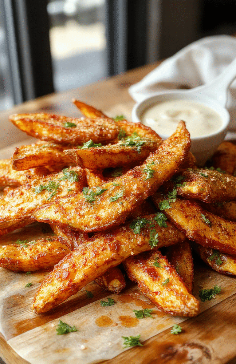 A plate of golden crispy oven baked sweet potato fries arranged neatly on a rustic wooden surface, topped with a sprinkle of coarse sea salt and fresh herbs. The fries are textured with a slight char on the edges, showcasing their crispiness, with a side of dipping sauce in a small bowl. Bright natural light enhances the vibrant orange color of the sweet potatoes and the appetizing sheen on the fries.