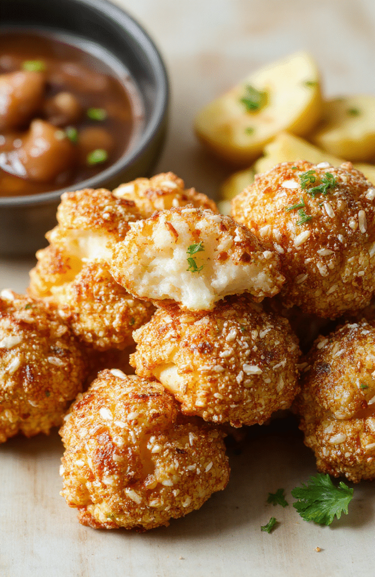 A vibrant plate of crispy sesame cauliflower wings arranged on a rustic wooden table, topped with toasted sesame seeds and chopped scallions. The cauliflower has a golden-brown, crunchy coating with a hint of sesame glaze, presented in a white ceramic bowl with a side of dipping sauce. The background features soft natural lighting highlighting the textures and colors of the dish.