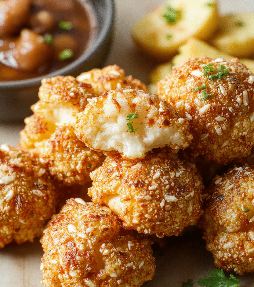 A vibrant plate of crispy sesame cauliflower wings arranged on a rustic wooden table, topped with toasted sesame seeds and chopped scallions. The cauliflower has a golden-brown, crunchy coating with a hint of sesame glaze, presented in a white ceramic bowl with a side of dipping sauce. The background features soft natural lighting highlighting the textures and colors of the dish.