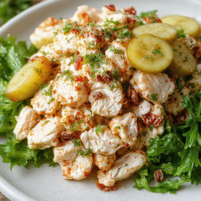 A vibrant plate of crunchy dill pickle chicken salad featuring shredded chicken, sliced dill pickles, fresh herbs, and a creamy dressing, all neatly arranged on a rustic wooden surface with a sprinkle of herbs and pickle slices for garnish, showcasing textures from crispy chicken to crisp pickles and smooth dressing.