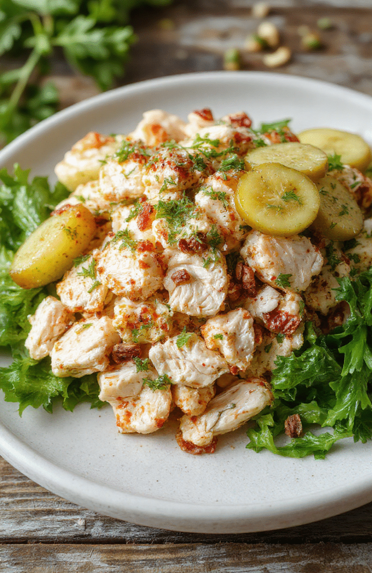 A vibrant plate of crunchy dill pickle chicken salad featuring shredded chicken, sliced dill pickles, fresh herbs, and a creamy dressing, all neatly arranged on a rustic wooden surface with a sprinkle of herbs and pickle slices for garnish, showcasing textures from crispy chicken to crisp pickles and smooth dressing.