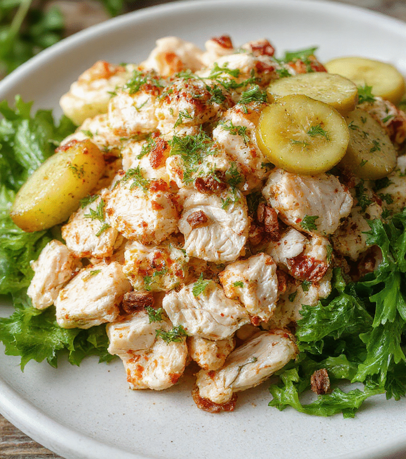 A vibrant plate of crunchy dill pickle chicken salad featuring shredded chicken, sliced dill pickles, fresh herbs, and a creamy dressing, all neatly arranged on a rustic wooden surface with a sprinkle of herbs and pickle slices for garnish, showcasing textures from crispy chicken to crisp pickles and smooth dressing.