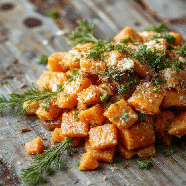 A vibrant bowl of smashed carrots with a glossy glaze, garnished with fresh herbs, served on a rustic wooden table with natural lighting highlighting their bright orange color and textured surface.