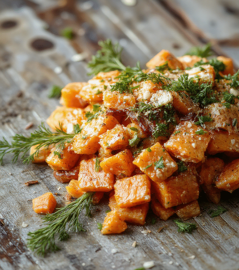A vibrant bowl of smashed carrots with a glossy glaze, garnished with fresh herbs, served on a rustic wooden table with natural lighting highlighting their bright orange color and textured surface.