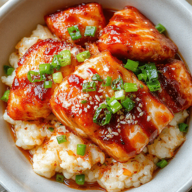 Colorful bowl featuring golden-brown air fried salmon bites glazed with glossy teriyaki sauce, over fluffy white rice, garnished with sliced green onions and sesame seeds, styled simply on a neutral plate with vibrant ingredients.