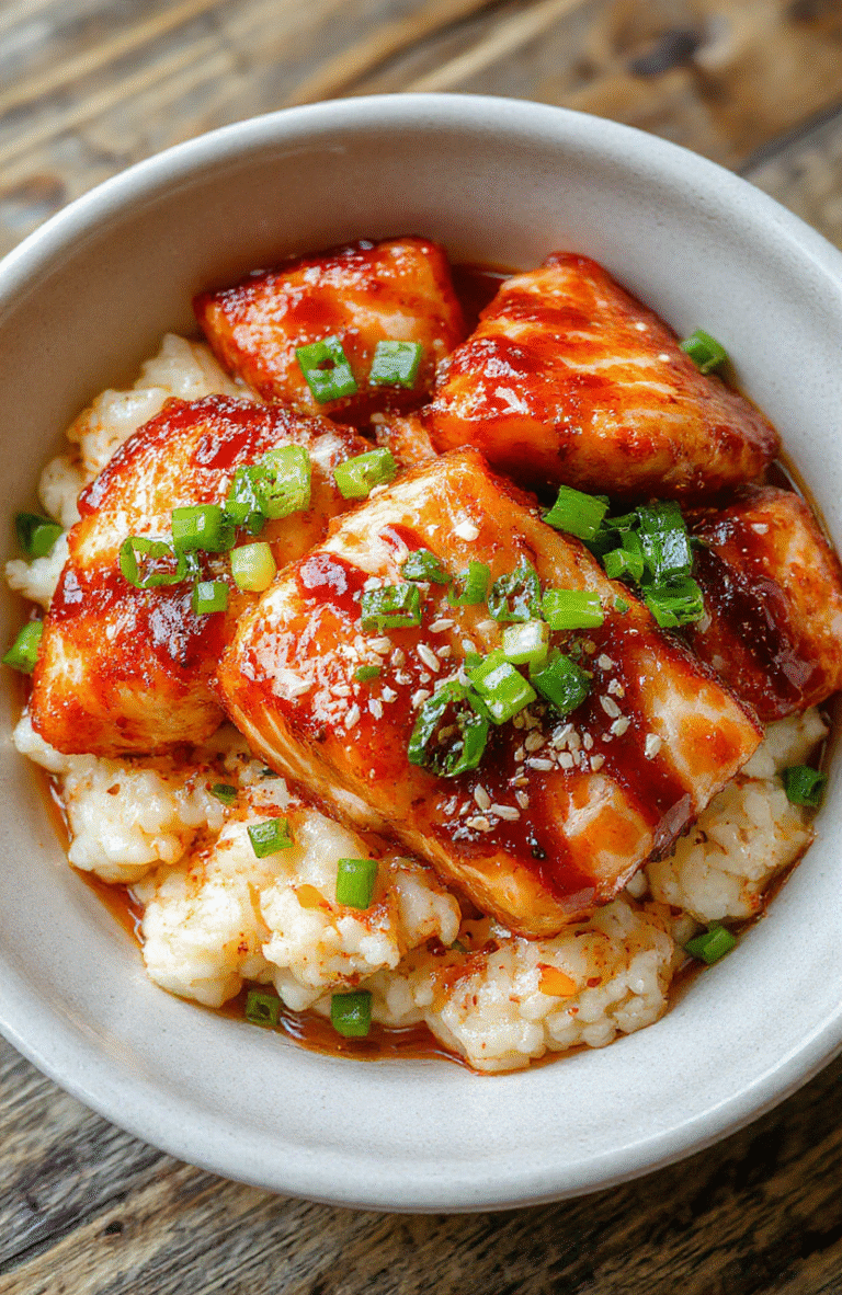 Colorful bowl featuring golden-brown air fried salmon bites glazed with glossy teriyaki sauce, over fluffy white rice, garnished with sliced green onions and sesame seeds, styled simply on a neutral plate with vibrant ingredients.