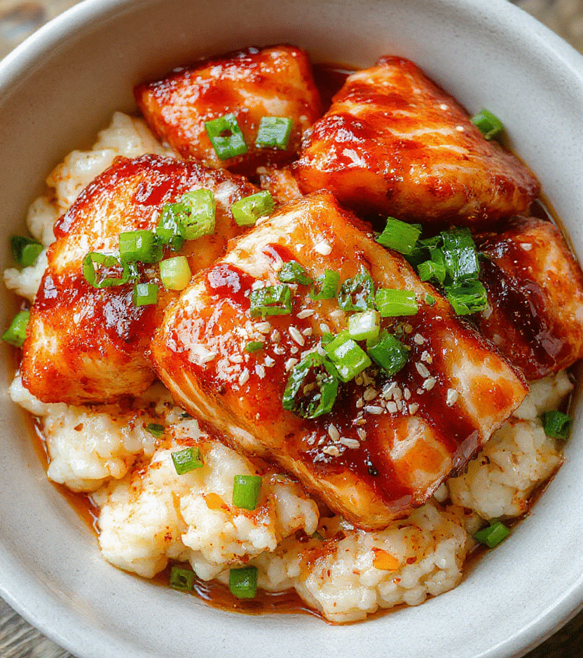 Colorful bowl featuring golden-brown air fried salmon bites glazed with glossy teriyaki sauce, over fluffy white rice, garnished with sliced green onions and sesame seeds, styled simply on a neutral plate with vibrant ingredients.