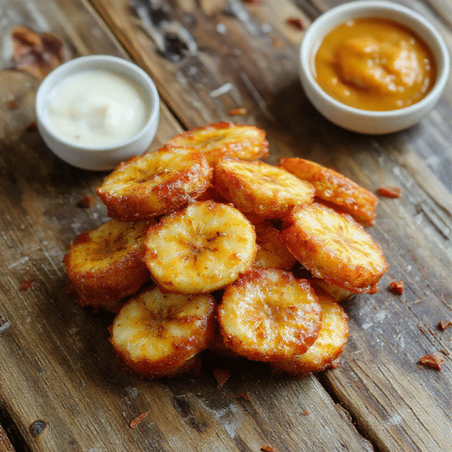 A close-up of golden-brown caramelized bananas arranged neatly on a white plate, drizzled with rich caramel sauce, with a hint of cinnamon. The presentation is simple, emphasizing the glossy caramel coating and tender banana slices, styled naturally on a rustic wooden table with soft natural light highlighting the textures.