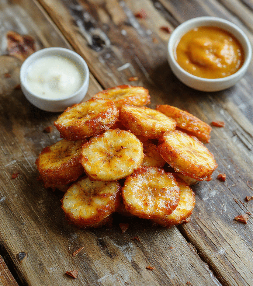 A close-up of golden-brown caramelized bananas arranged neatly on a white plate, drizzled with rich caramel sauce, with a hint of cinnamon. The presentation is simple, emphasizing the glossy caramel coating and tender banana slices, styled naturally on a rustic wooden table with soft natural light highlighting the textures.