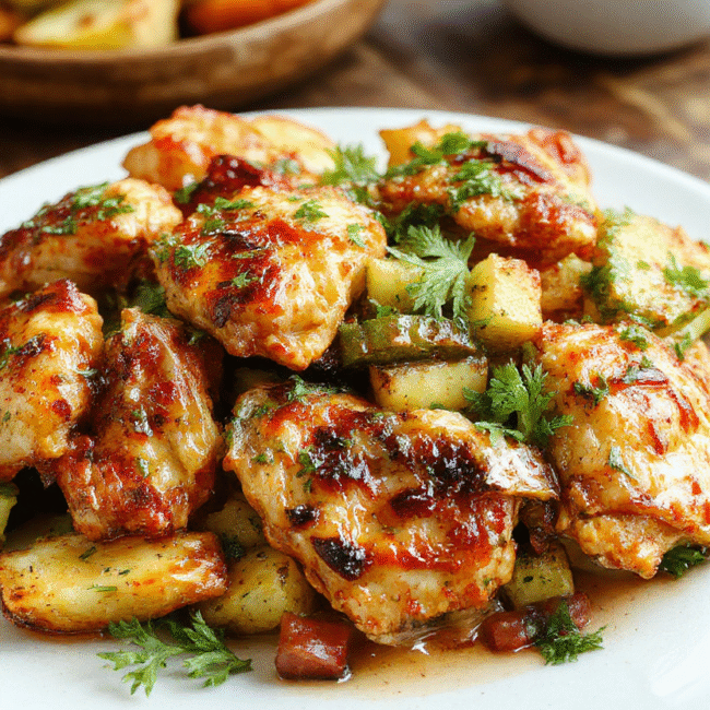 Colorful cooked chicken breast with roasted vegetables including bell peppers, zucchini, and cherry tomatoes on a white ceramic plate. The chicken is golden-brown with grill marks, surrounded by vibrant, slightly caramelized vegetables. The scene is bright with natural light, styled simply to emphasize freshness and healthiness, with a rustic wooden table backdrop.