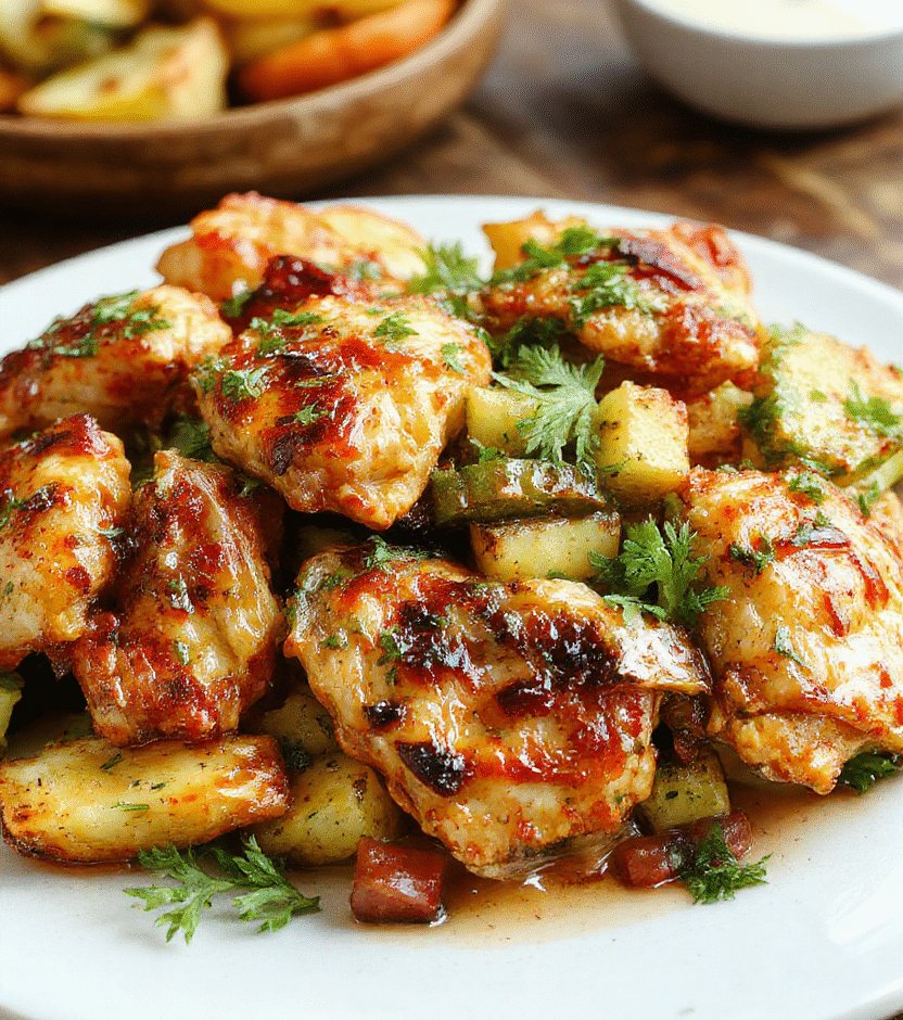 Colorful cooked chicken breast with roasted vegetables including bell peppers, zucchini, and cherry tomatoes on a white ceramic plate. The chicken is golden-brown with grill marks, surrounded by vibrant, slightly caramelized vegetables. The scene is bright with natural light, styled simply to emphasize freshness and healthiness, with a rustic wooden table backdrop.