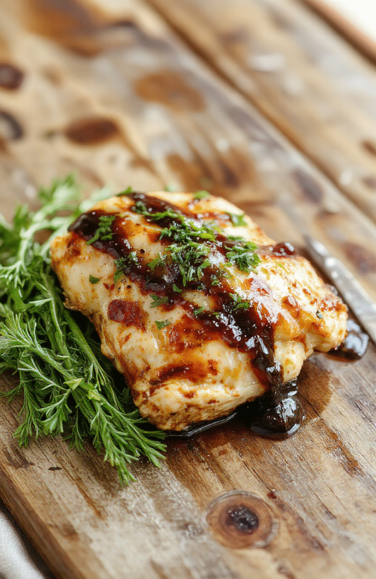 A close-up shot of a beautifully plated baked balsamic chicken breast glazed with a shiny, dark balsamic sauce, garnished with fresh herbs. The dish is on a rustic wooden table with vibrant colors from the sauce contrasting against the tender, juicy chicken. The plating is clean and inviting, highlighting the caramelized edges and glossy finish of the glaze, styled for an appetizing, homestyle presentation.