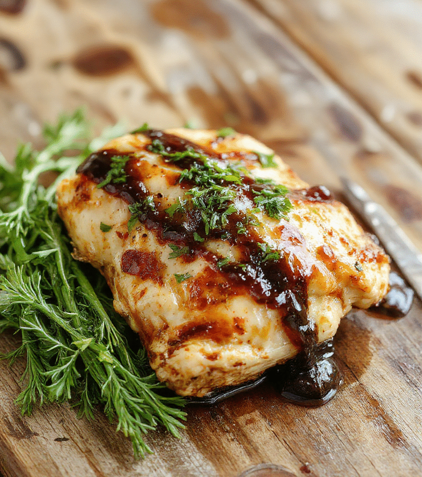 A close-up shot of a beautifully plated baked balsamic chicken breast glazed with a shiny, dark balsamic sauce, garnished with fresh herbs. The dish is on a rustic wooden table with vibrant colors from the sauce contrasting against the tender, juicy chicken. The plating is clean and inviting, highlighting the caramelized edges and glossy finish of the glaze, styled for an appetizing, homestyle presentation.