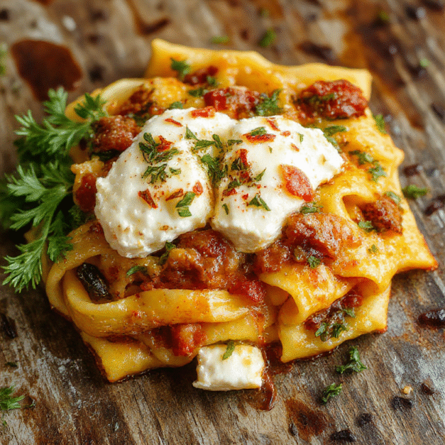 A vibrant plate of baked feta and veggie pasta showcasing colorful cherry tomatoes, leafy greens, and crumbled feta cheese. The dish is beautifully plated with a rustic wooden background, highlighting the creamy sauce and fresh ingredients, styled casually for an inviting, homemade look.