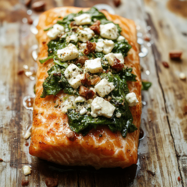 A beautifully baked salmon fillet topped with fresh spinach and crumbled feta cheese, plated on a white dish with a side of lemon wedges, vibrant green spinach contrasting with golden salmon and white feta, garnished with herbs, styled for a casual dinner setting