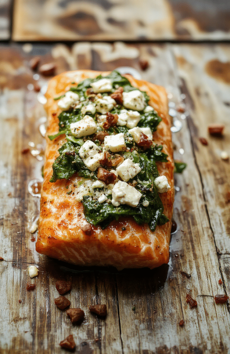 A beautifully baked salmon fillet topped with fresh spinach and crumbled feta cheese, plated on a white dish with a side of lemon wedges, vibrant green spinach contrasting with golden salmon and white feta, garnished with herbs, styled for a casual dinner setting
