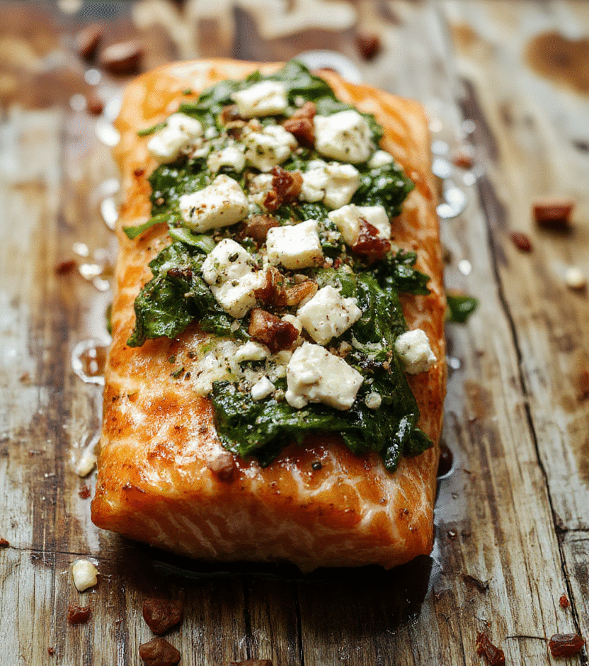 A beautifully baked salmon fillet topped with fresh spinach and crumbled feta cheese, plated on a white dish with a side of lemon wedges, vibrant green spinach contrasting with golden salmon and white feta, garnished with herbs, styled for a casual dinner setting