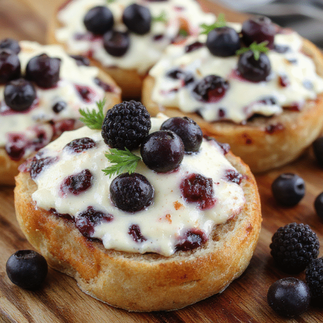 A slices of golden blueberry cream cheese bread arranged on a rustic wooden platter, with fresh blueberries and cream cheese visible inside. The bread has a moist, tender crumb with swirls of blueberry and cream cheese, topped with a light glaze and dusted with powdered sugar. Soft natural light highlights the vibrant blueberries and rich cream cheese swirls, styled simply for a cozy, inviting feel.