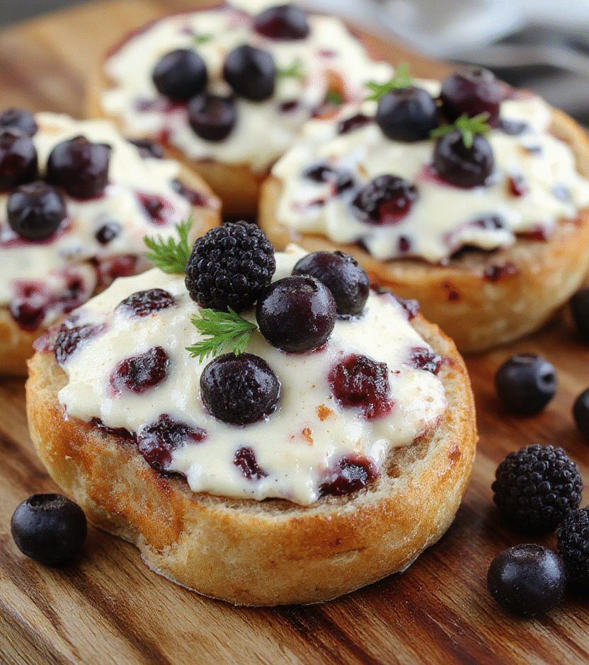 A slices of golden blueberry cream cheese bread arranged on a rustic wooden platter, with fresh blueberries and cream cheese visible inside. The bread has a moist, tender crumb with swirls of blueberry and cream cheese, topped with a light glaze and dusted with powdered sugar. Soft natural light highlights the vibrant blueberries and rich cream cheese swirls, styled simply for a cozy, inviting feel.
